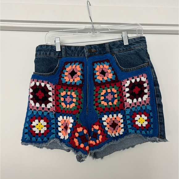Farm Rio Granny Square Crochet Denim Shorts - Picture 2 of 10